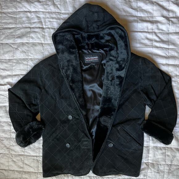 Wilsons Leather Experts Black Quilted Suede Leather Faux Fur Lined Coat - Medium - Picture 1 of 12